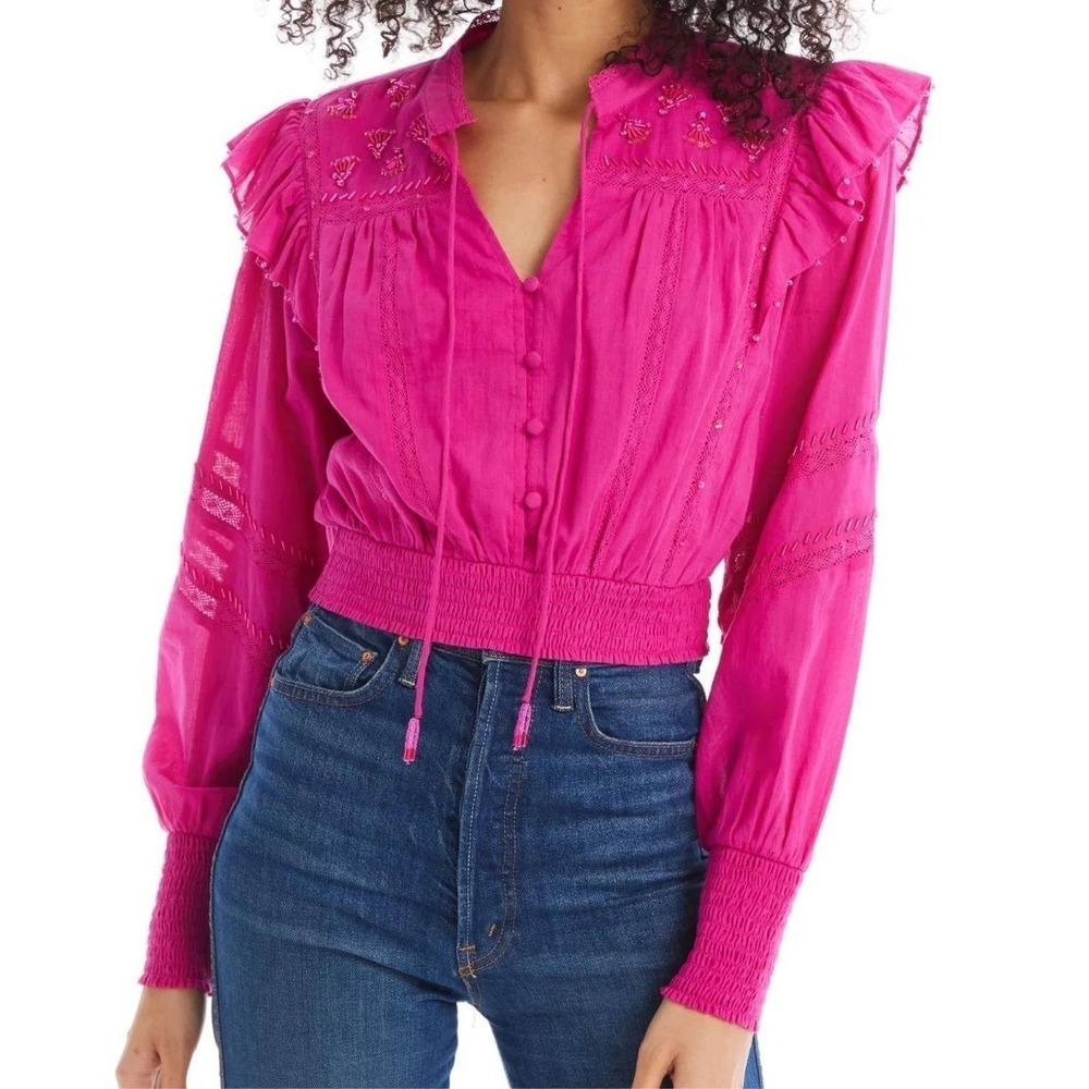 Anthropologie by Allison New York Beaded Demi Pink Coquette Ruffle Blouse L NWT